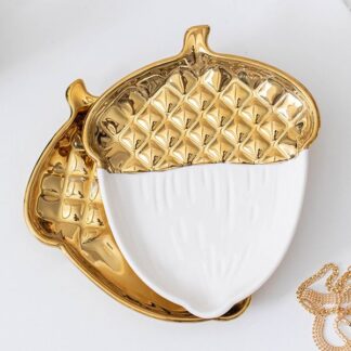 Ceramic Acorn Trinket Plate White and Gold 15.5cm