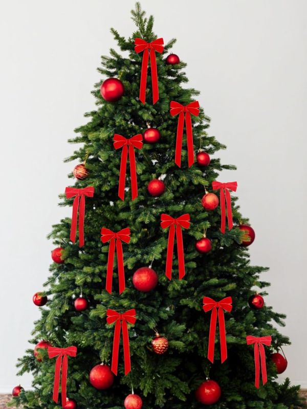 Set of 10 Velvet Bows with Twist Ties Christmas Red 20cm