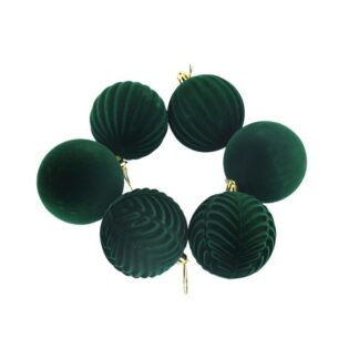 Flocked Velvet Baubles Dark Green Box of 6