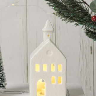 White Ceramic LED Church 14cm
