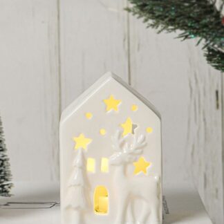 White Ceramic LED House Reindeer 10.5cm