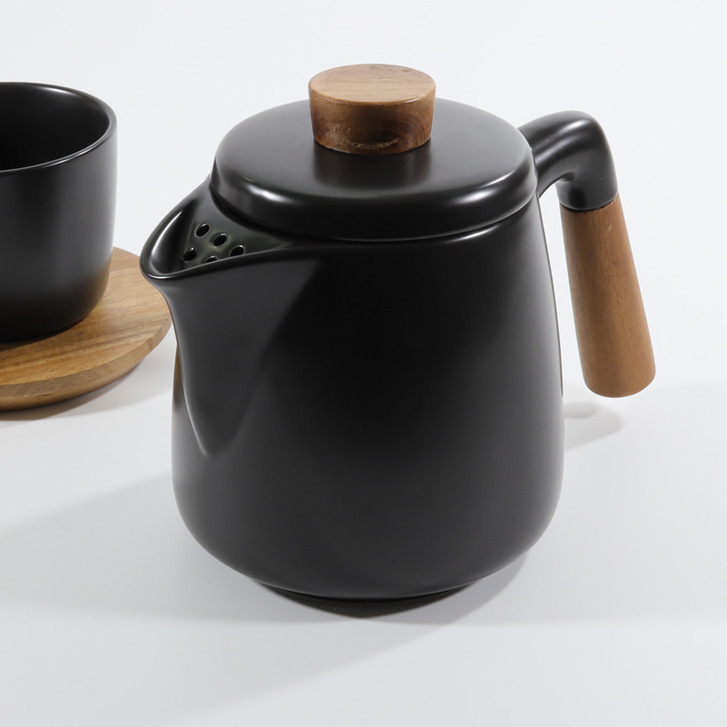 Nordic Ceramic Teapot with Wood Detail Black