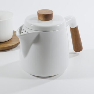 Nordic Ceramic Teapot with Wood Detail White