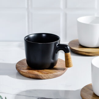 Nordic Ceramic Cup with Wood Saucer Black