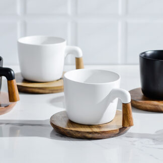 Nordic Ceramic Cup with Wood Saucer White