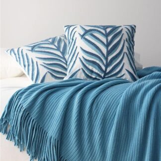 Embroidered Leaf Cushion Blue 45x45cm