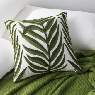 Embroidered Leaf Cushion Green 45x45cm