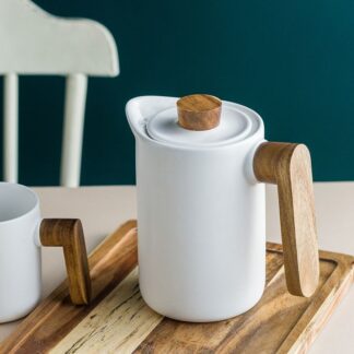 Nordic Ceramic Slim Teapot with Wood Detail White