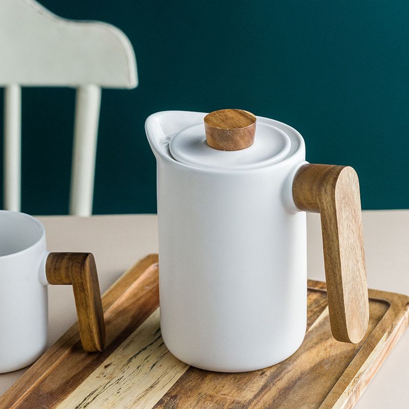Nordic Ceramic Slim Teapot with Wood Detail White