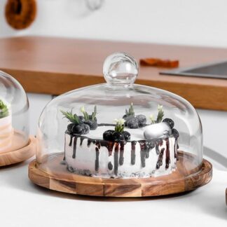 Rotating Cake Plate with Glass Dome Acacia Wood
