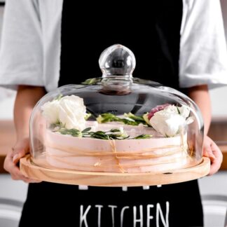 Rotating Cake Plate with Glass Dome Rubber Wood