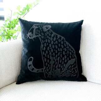 Embroidered Velvet Leopard Cushion Black 45x45cm