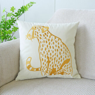 Embroidered Velvet Leopard Cushion Gold 45x45cm