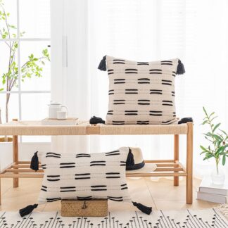 Woven Cotton Square Cushion Ivory & Black 45x45cm