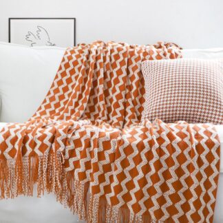 Knitted Zig Zag Throw Burnt Orange & Ivory 230x130cm