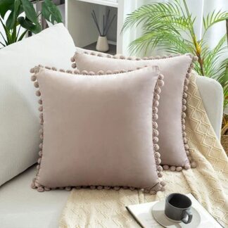 Square Pom-Pom Velvet Cushion Mocha 45x45cm