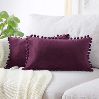 Rectangle Pom-Pom Velvet Cushion Aubergine 30x50cm