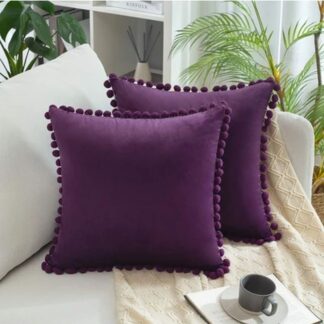 Square Pom-Pom Velvet Cushion Aubergine 45x45cm
