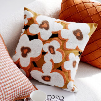 Scandi Flower Tufted Cushion Orange and Gold 45x45cm