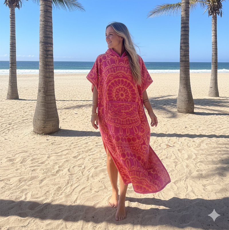 Hooded Multi-Colour Cotton Poncho Pink & Orange Mosaic