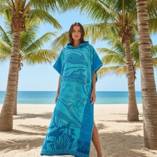 Hooded Multi-Colour Cotton Poncho Blue Dolphin