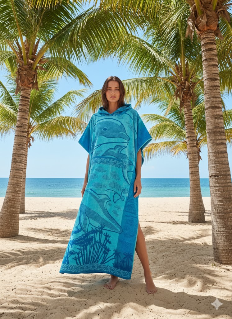 Hooded Multi-Colour Cotton Poncho Blue Dolphin