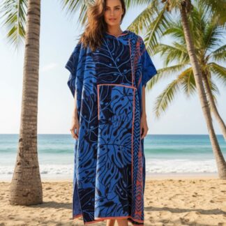 Hooded Multi-Colour Cotton Poncho Blue Palm