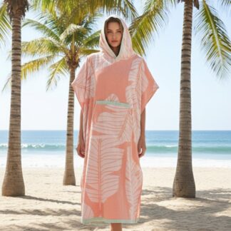 Hooded Multi-Colour Cotton Poncho Coral Palm