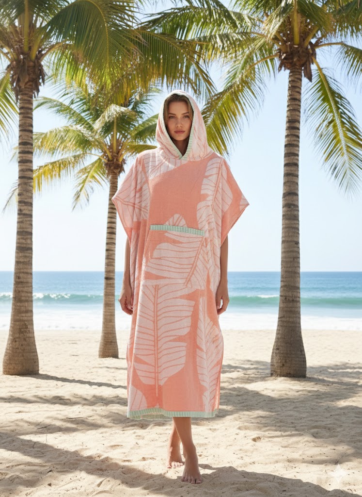 Hooded Multi-Colour Cotton Poncho Coral Palm