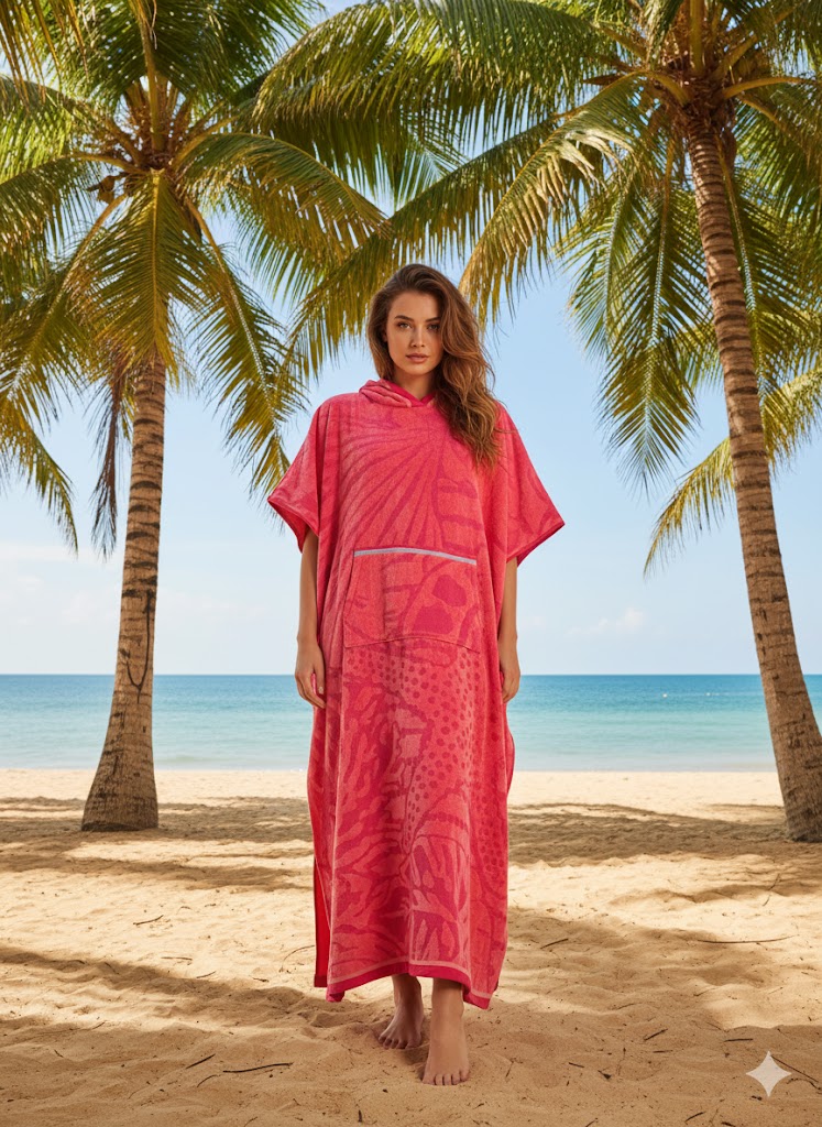 Hooded Multi-Colour Cotton Poncho Coral Print