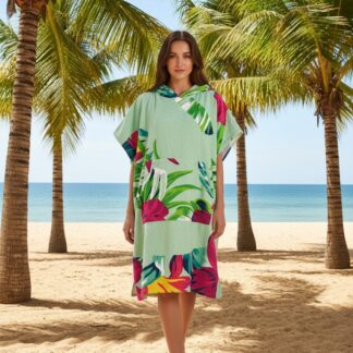 Hooded Multi-Colour Cotton Poncho Floral Green