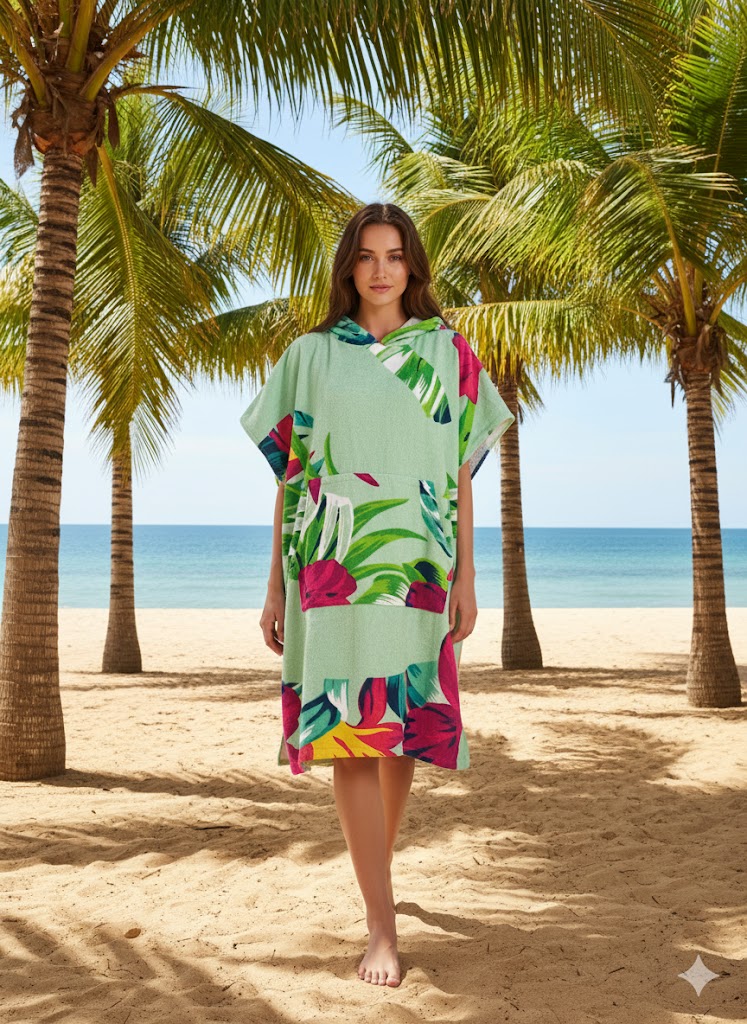 Hooded Multi-Colour Cotton Poncho Floral Green