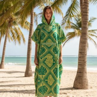 Hooded Multi-Colour Cotton Poncho Green Palm