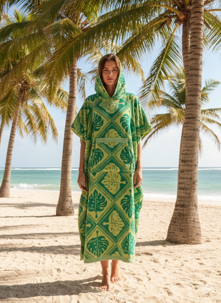 Hooded Multi-Colour Cotton Poncho Green Palm