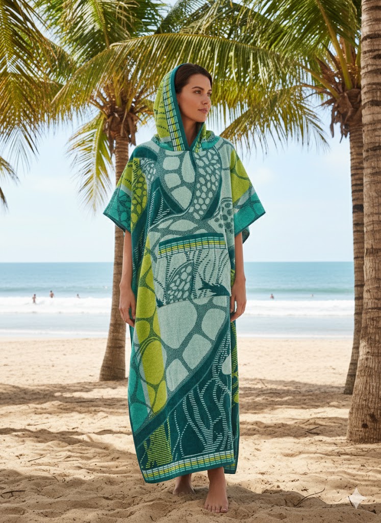 Hooded Multi-Colour Cotton Poncho Green Turtle