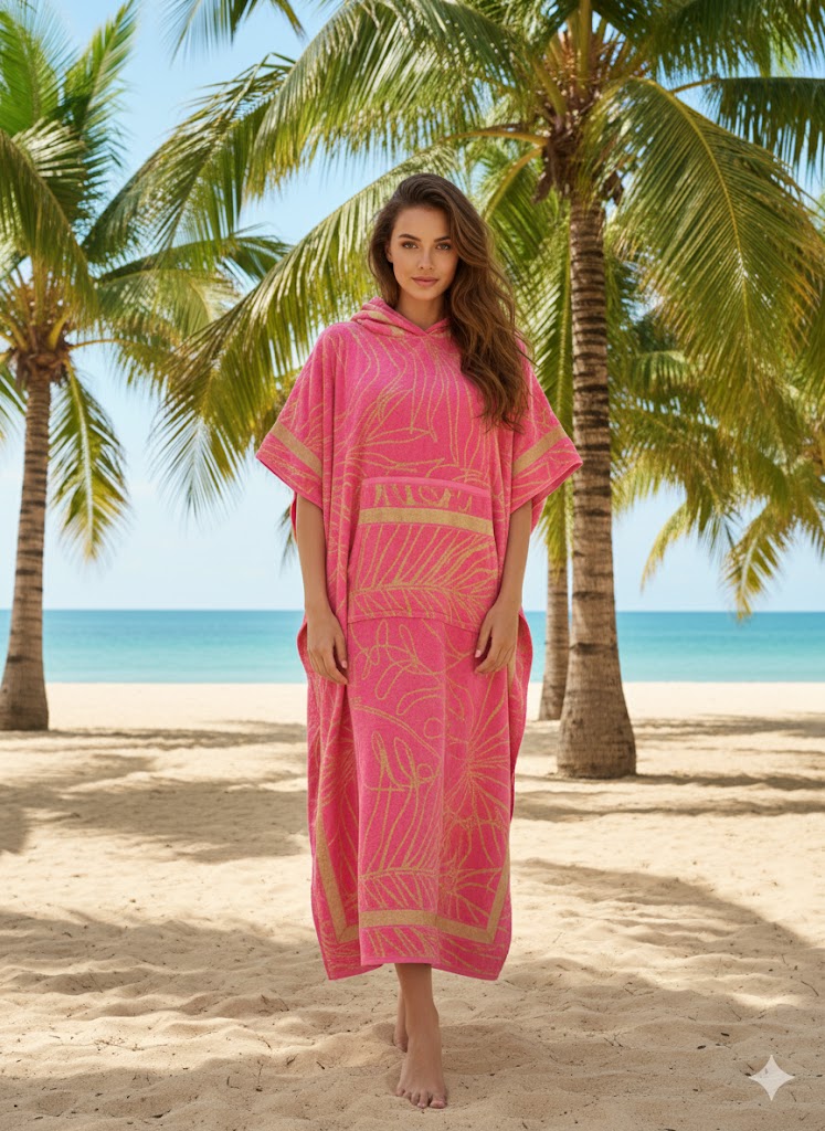 Hooded Multi-Colour Cotton Poncho Pink & Gold