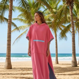 Hooded Multi-Colour Cotton Poncho Pink with Turquoise Waist Band
