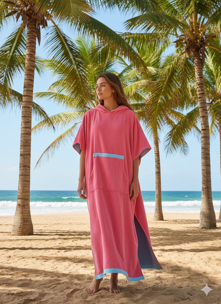 Hooded Multi-Colour Cotton Poncho Pink with Turquoise Waist Band