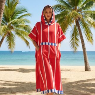 Hooded Multi-Colour Cotton Poncho Red Nautical