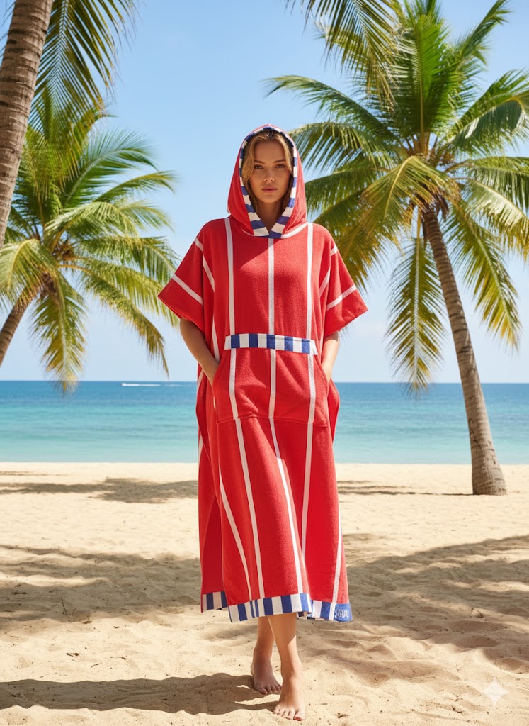 Hooded Multi-Colour Cotton Poncho Red Nautical