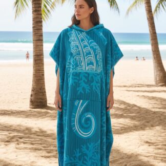 Hooded Multi-Colour Cotton Poncho Turquoise Sea Horse