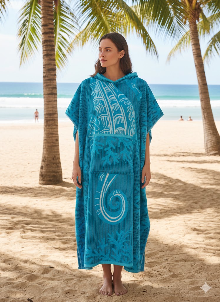 Hooded Multi-Colour Cotton Poncho Turquoise Sea Horse