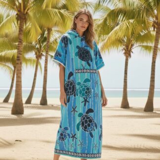 Hooded Multi-Colour Cotton Poncho Turquoise Turtle