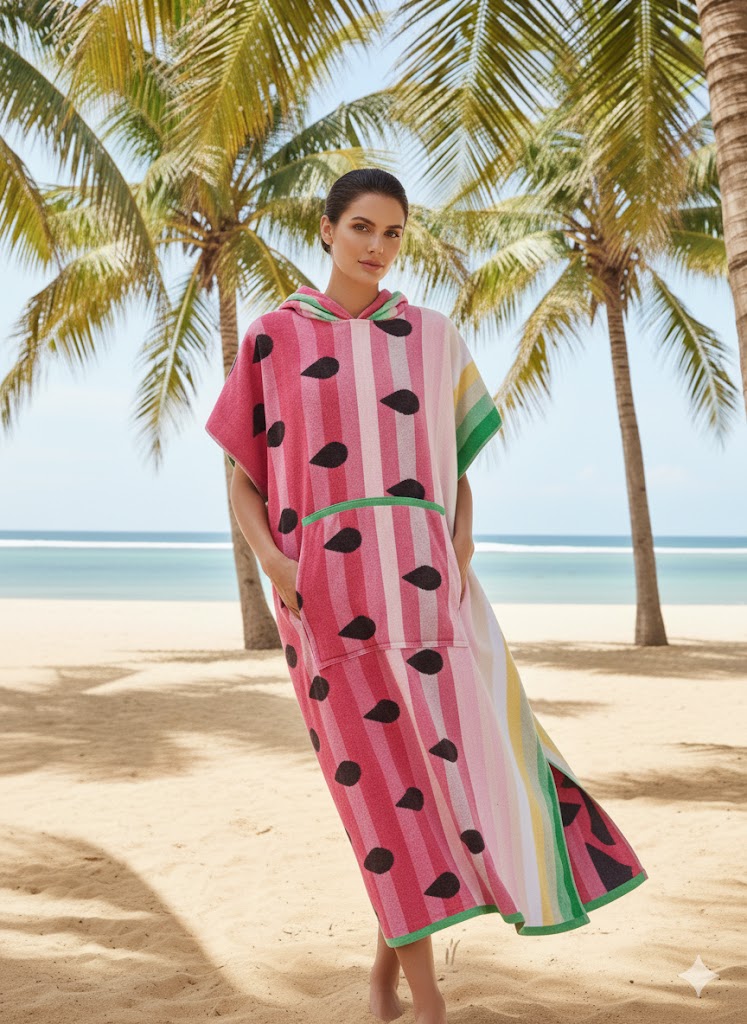 Hooded Multi-Colour Cotton Poncho Watermelon
